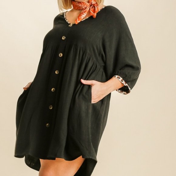 Umgee Plus Black Animal Print Trim Babydoll Dress - Picture 2 of 5